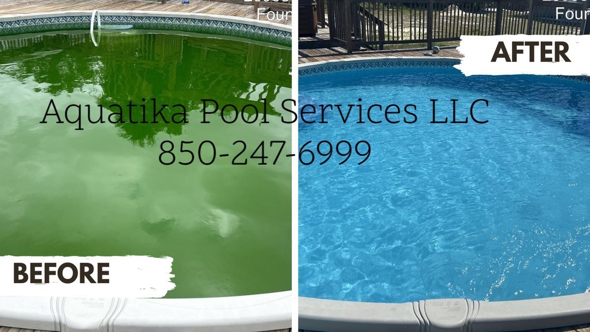 Above-ground pool in Fountain, Florida before and after a green-to-clean recovery by Aquatika Pool Services