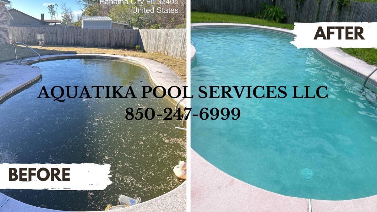 Inground pool in Panama City before and after algae removal and chemical rebalancing